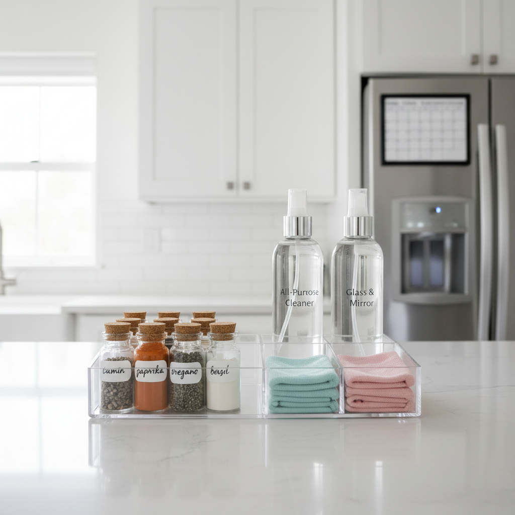 A bright, tidy modern kitchen countertop in photographic realism, featuring a transparent acrylic organizer tray filled with neatly labeled spice jars, eco-friendly spray bottles, and folded microfiber cloths in muted pastel colors. The tray sits on a light quartz counter beneath white subway tile backsplash. Natural daylight streams in from the side, creating crisp reflections on the glass and gentle shadows behind each object. In the softly blurred background, closed cabinet doors and a minimal magnetic fridge planner hint at a well-managed home. Shot at eye level with balanced composition and sharp detail, the mood is efficient, fresh, and reassuring, perfectly representing practical cleaning and organization tips for everyday living.