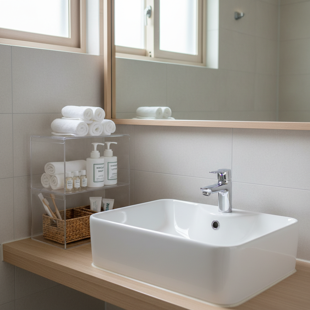 A well-lit bathroom sink area showcasing clever space-saving organization in photographic realism. A glossy white ceramic sink with chrome faucet is framed by a narrow light-wood counter holding a slim, tiered acrylic organizer with rolled white towels, labeled pump bottles, and a small woven basket containing travel-sized items. Soft diffused daylight from a frosted window above creates even, shadow-free illumination and subtle reflections in the mirror. The composition follows the rule of thirds, with the organizer slightly off-center and background elements—simple mirror, neutral tiled wall—kept minimal and slightly out of focus. The mood is fresh, hygienic, and efficient, ideal for illustrating bathroom-related 생활 꿀팁 and storage hacks.