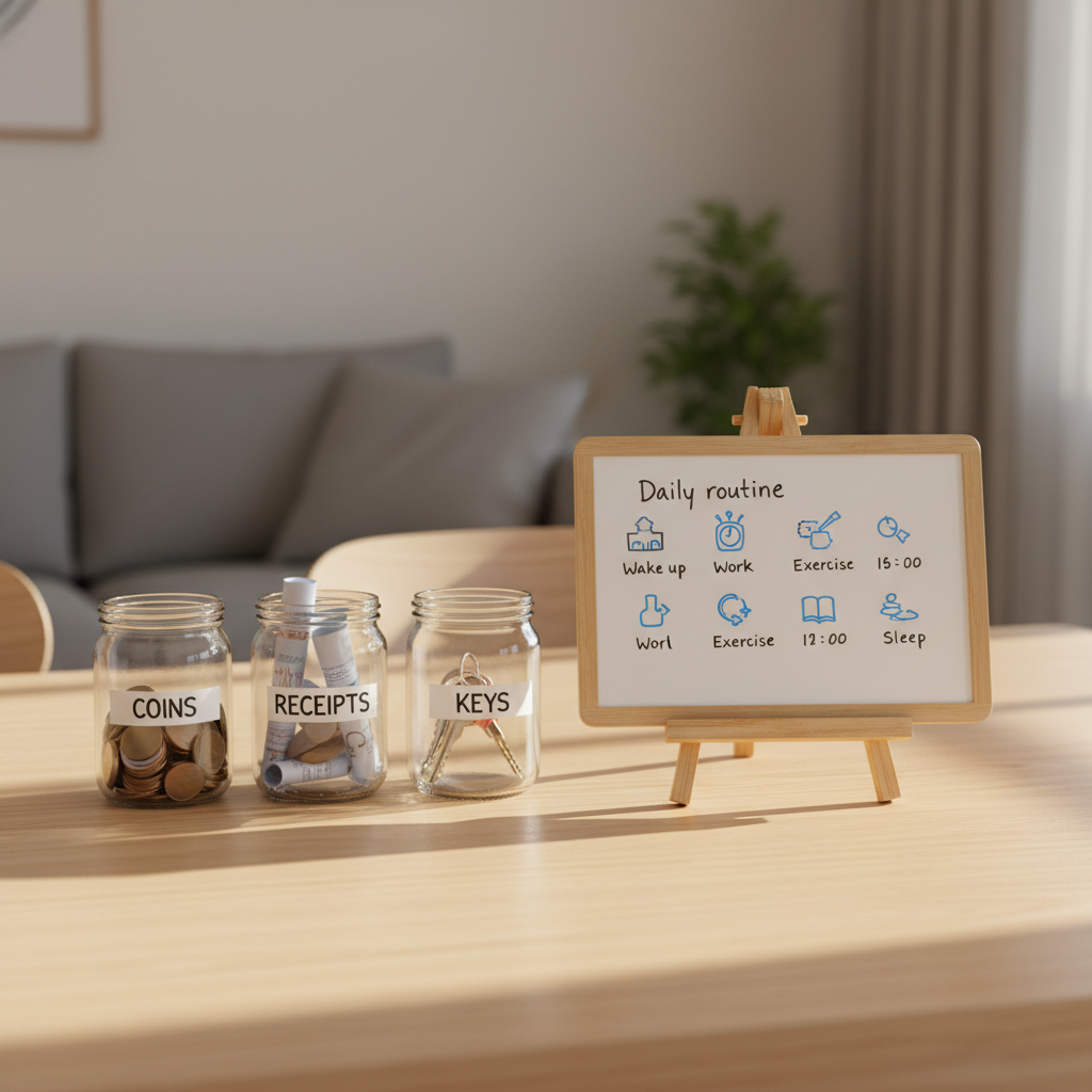 A close-up, eye-level shot of a light wooden dining table set up as a productivity station, featuring a small whiteboard standing on a bamboo easel, filled with a simple daily routine diagram in neat Korean handwriting. Around it are three labeled glass jars for coins, receipts, and keys, each partially filled and meticulously arranged. Warm afternoon light from the right casts soft, elongated shadows and adds a cozy glow to the wood grain. The background is an intentionally blurred neutral living room with minimal decor, emphasizing clarity and focus. Photographic realism with a clean, professional, lifestyle aesthetic, conveying calm control and smart household management tips.