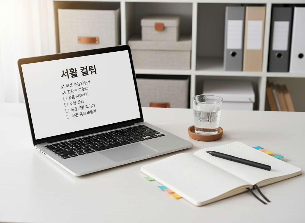 A neatly organized white wooden desk viewed from a slightly elevated angle, featuring a slim silver laptop displaying a clean checklist titled in Korean about 생활 꿀팁. Beside it lies an open dotted notebook with color-coded sticky tabs, a matte black pen, and a clear glass of water on a cork coaster. Soft morning sunlight from an unseen window creates gentle highlights on the laptop edges and subtle shadows of stationery items. The background is softly blurred shelves with neutral storage boxes and labeled folders, evoking order and practicality. Photographic realism with a clean, modern, minimalist aesthetic, shallow depth of field, calm and professional mood, ideal for a lifestyle tips blog homepage hero image.